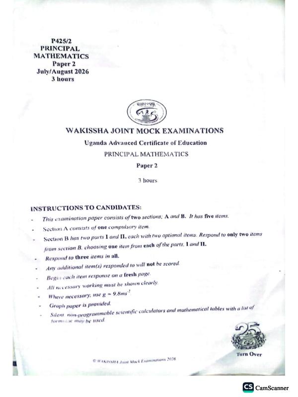 WAKISHA UACE Principal Mathematics Paper 2 (2026)