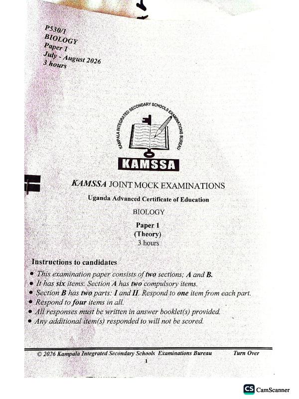 KAMSSA UACE Biology Paper 1 Mock Examination 2026