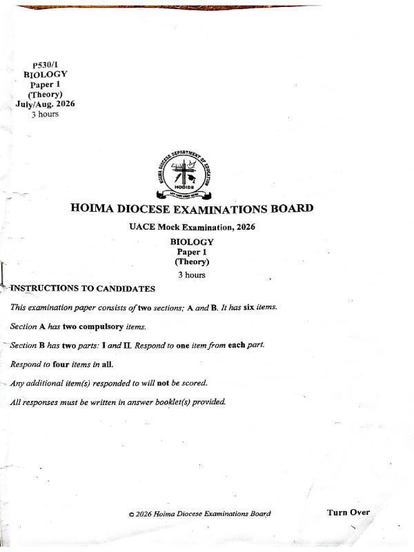 Biology Paper 1 Past Paper - Hoima Diocese