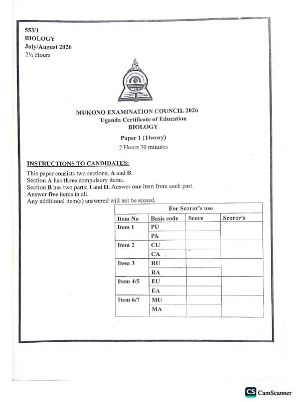 Uganda Certificate of Education (UCE) Biology Paper 1 Mock Exam 2026