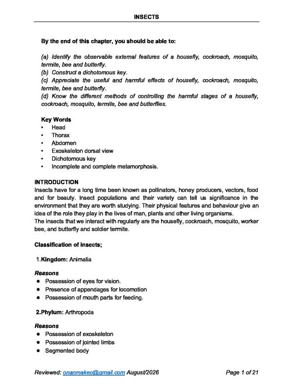 Insects: Biology Study Notes