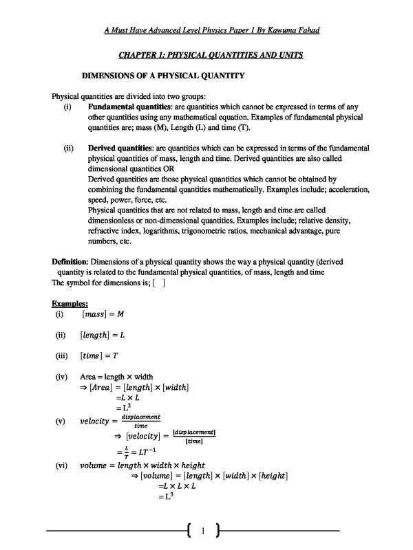 Advanced Level Physics Paper 1 Notes for S5-S6 by Kawuma Fahad