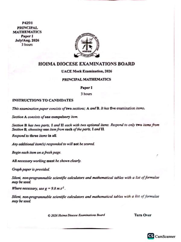 Hoima mock (UACE) Mathematics Paper 1 Past Paper - Hoima