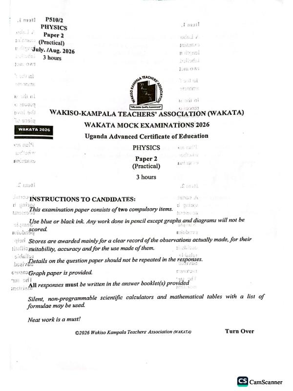 Senior 6 Physics Paper 2 Wakata Mock Examinations 2026