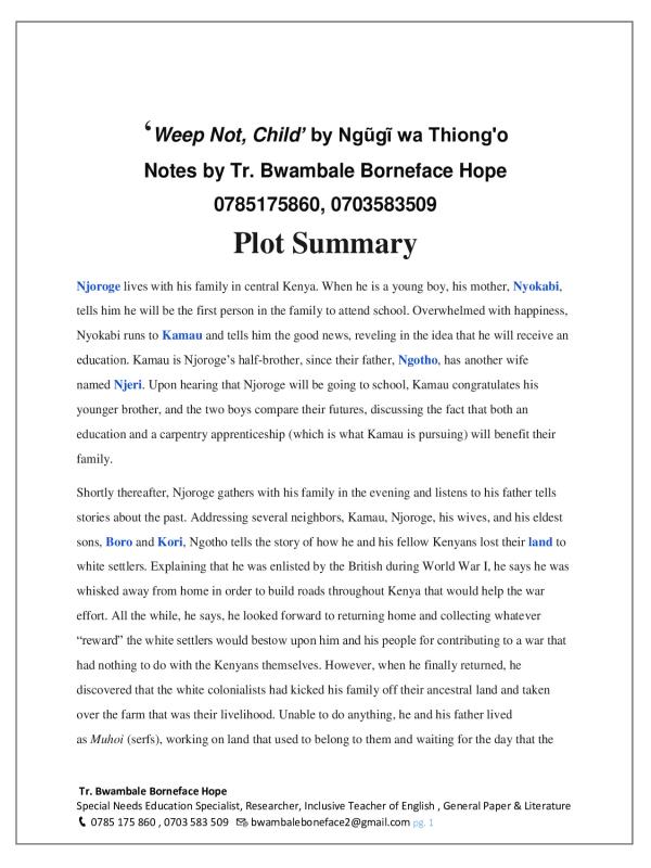 Weep Not, Child Notes by Tr. Bwamable Borneface - Uganda Literature Study Guide