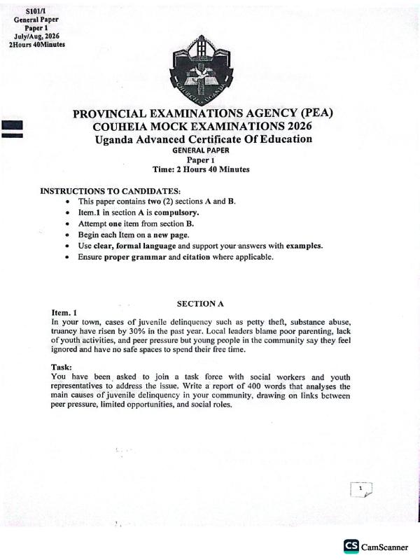 S6 General Paper PEA Mock Examinations 2026 | UNEB A-Level