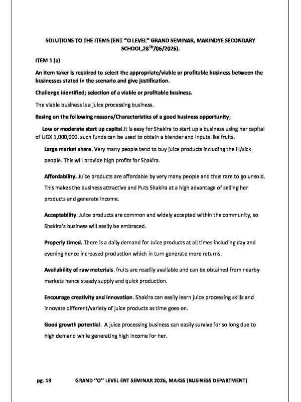 Senior 4 Entrepreneurship Seminar Questions and Solutions 2026- Makindye SS