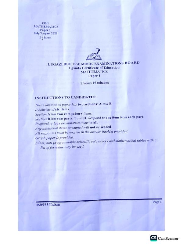 Senior Four (S4) Mathematics Lugazi Joint Mock Exam 2026