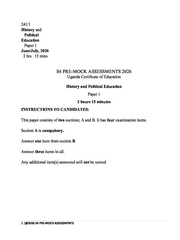 Senior 4 History Pre-Mock Examination Scoring Criteria 2026