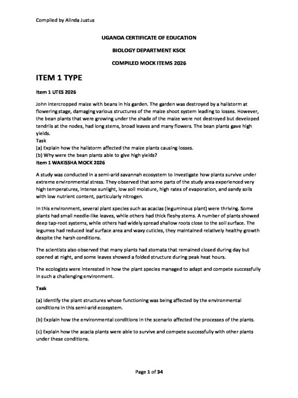 Combined UCE 2026 Biology Paper 1 Mock Examination Items & UNEB Practice Questions