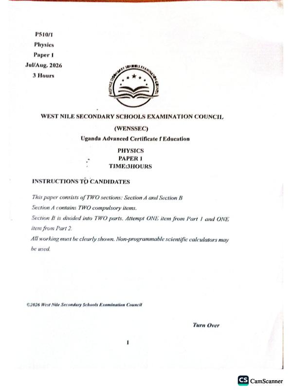 Wensec UACE Physics Mock Paper 1 (2026)