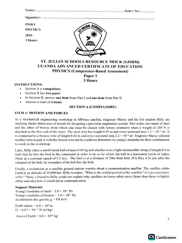 UACE Physics Mock Exam Papers 2026
