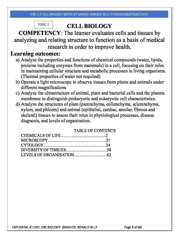 Advanced Level Cell Biology Content for Uganda (A-Level UNEB)