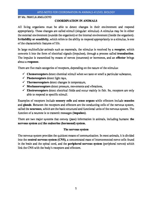 Coordination in Animals - Lower Secondary CBC Biology Notes
