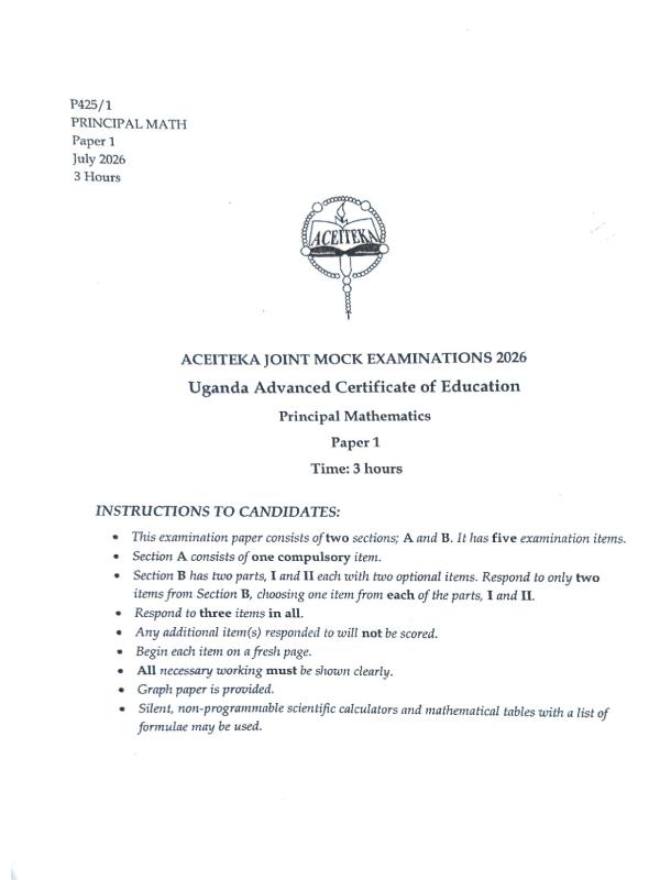 Advanced Level Mathematics Paper I - UNEB Past Paper