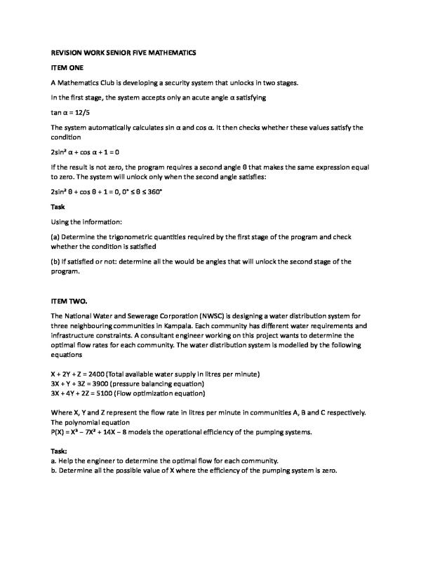 Senior 5 Mathematics CBC Revision Items - Uganda Curriculum
