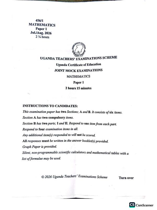UTES. Mathematics  Mock Exams 2026 - Uganda National Examinations Board (UNEB) Preparation