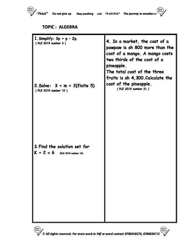Algebra Worksheets and Notes for Uganda Secondary School Students (S1-S6)