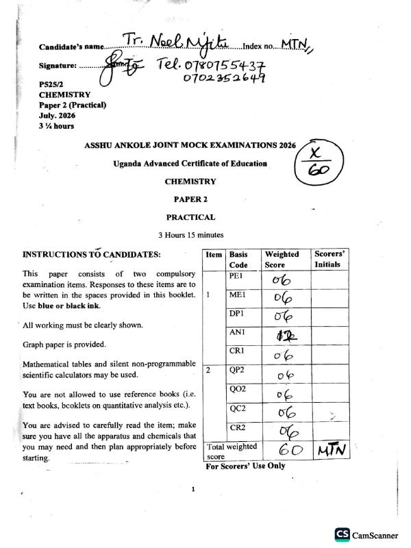 ASSHU UACE Chemistry Paper 2 Mock Exam Scoring Guide