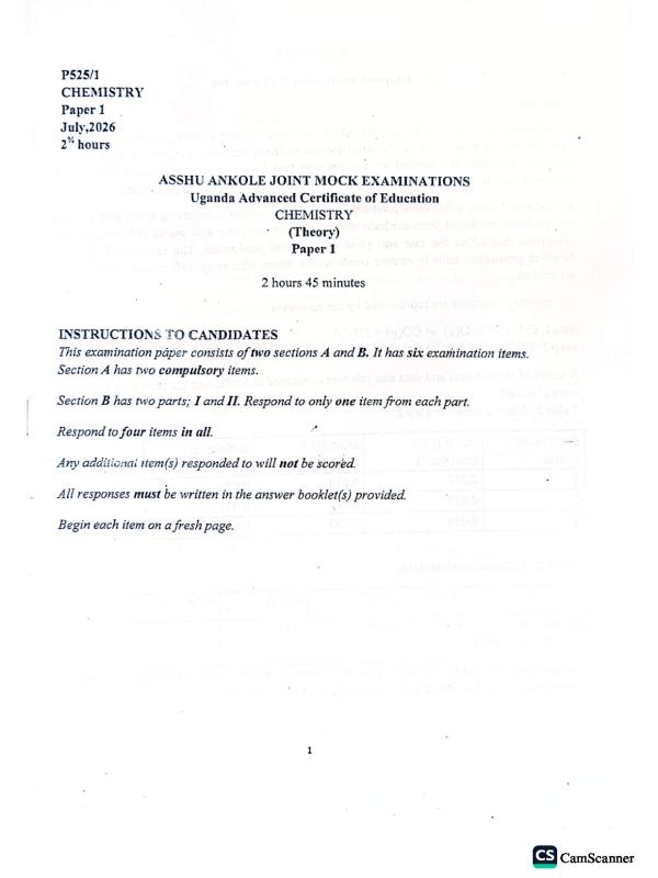 ASSHU UACE Chemistry Paper 1 Mock Exam 2026