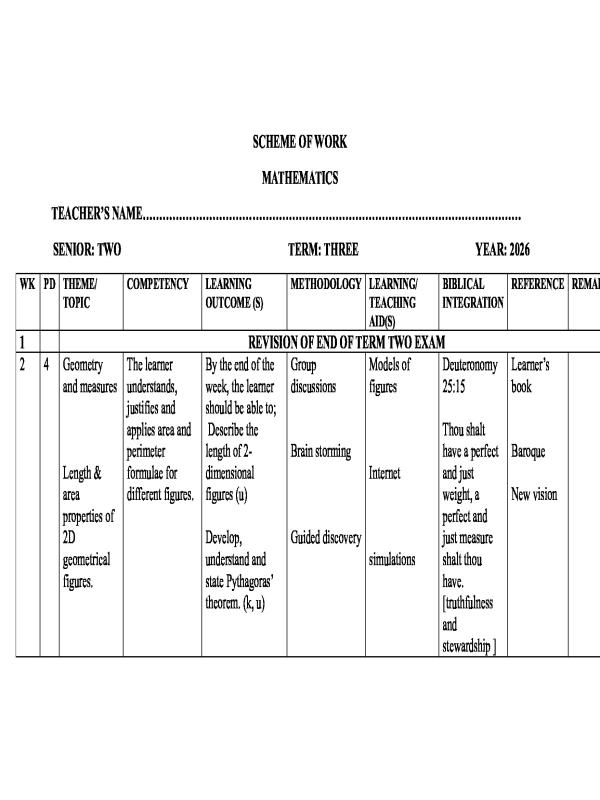 Mathematics Senior Two