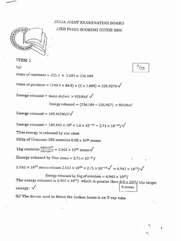 JJEB Physics Paper 1 Marking Guide Mock 2026