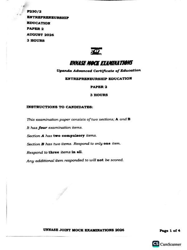 S6 UNNASE Entrepreneurship Education Paper 2 Mock Exam 2026