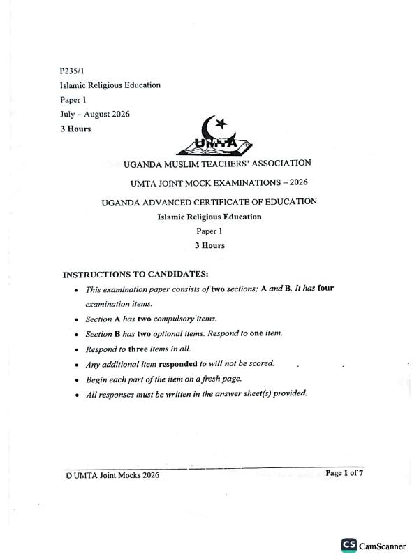 UACE S6 Islamic Religious Education (IRE) Paper 1 UMTA Mock Exams 2026
