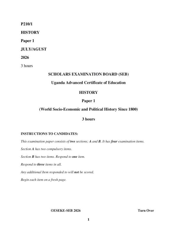 S6 History Paper 1 SEB Joint Mock Examination 2026