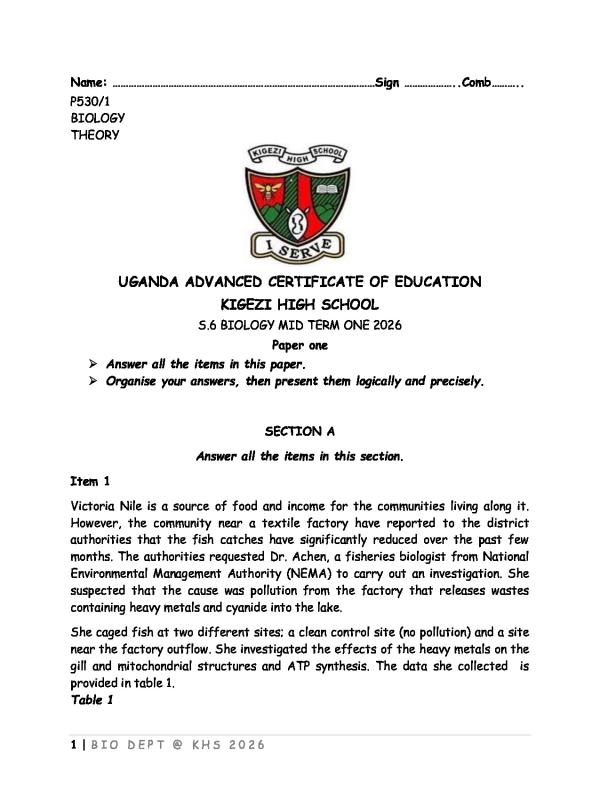 Senior Six Biology Scenario Sample Questions