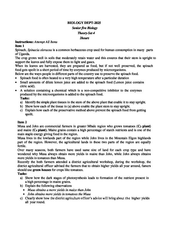 Senior Five (S5) Biology Sample Scenario-Based Items