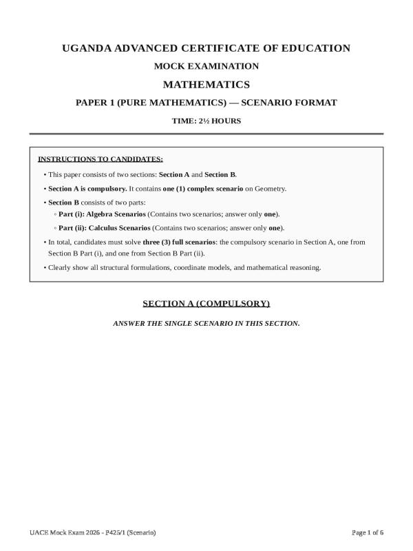 UACE Mathematics Sample Paper 2026 - UNEB S5 & S6 Prep