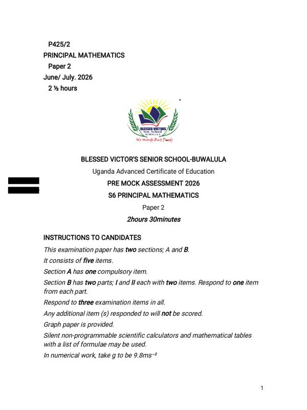 S6 Mathematics Paper 2 Pre-Mock Examination