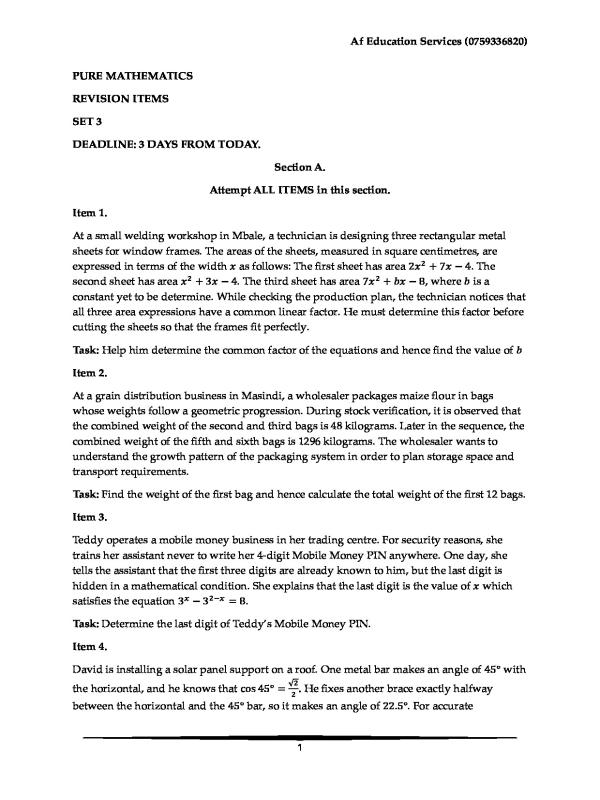 Set 3 Pure Mathematics Exam Paper - Uganda Secondary School Level