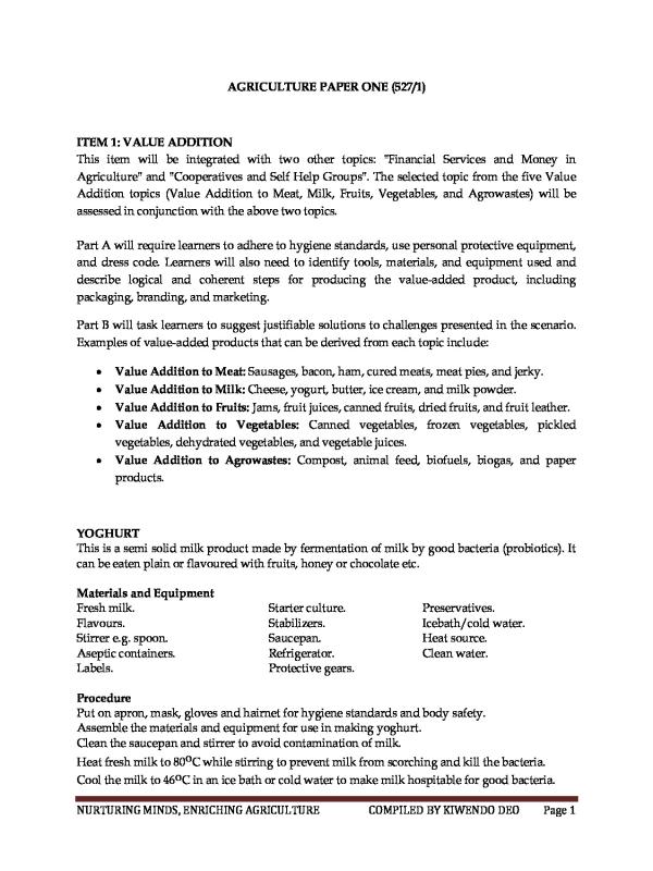 UACE Agriculture Chapter 1 Responses: Value Addition