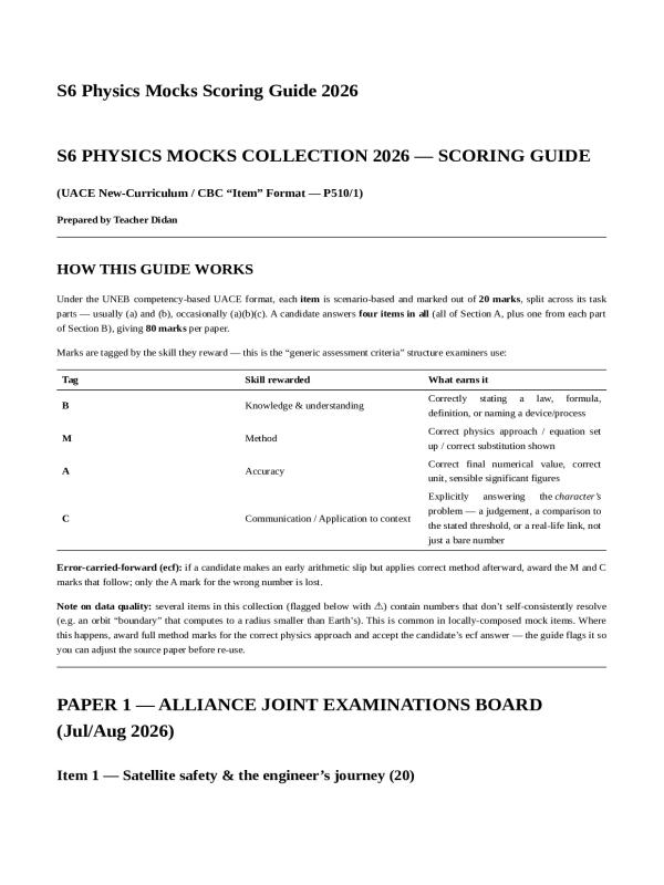 UACE ALL PHYSICS MOCKS SCORING GUIDE 2026
