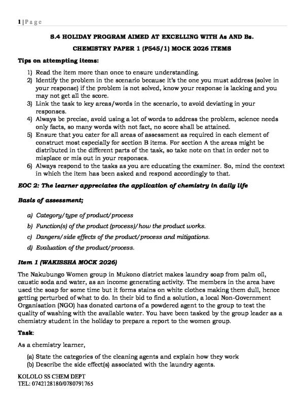 Chemistry Paper 1 Questions & Assessment Items 2026
