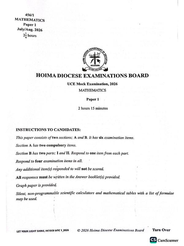 UCE Mathematics Mock Examination Paper - Hoima District
