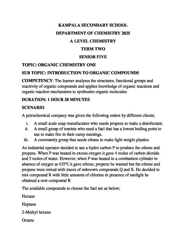 S5 Chemistry Revision Paper: Organic Chemistry (UNEB A-Level)