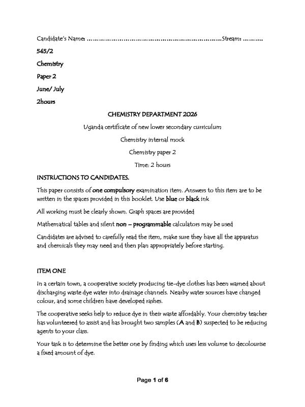 S4 Chemistry Mock Exam Resource 2026