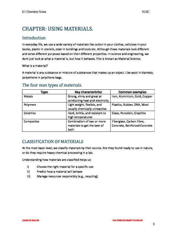 O-Level Chemistry Notes on Using Materials | UNEB Curriculum