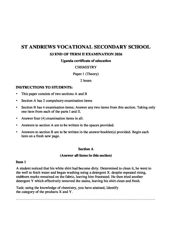 Senior 3 Chemistry Revision Paper | UNEB Curriculum Practice