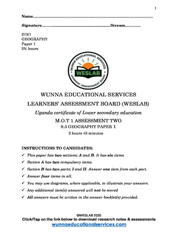 Senior Three Geography Assessment Item | UNEB S3 Practice