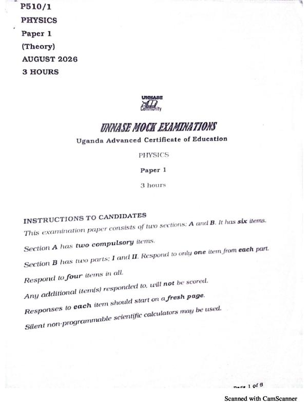 UNNASE UACE Physics Paper 1 2026 Mock Exam