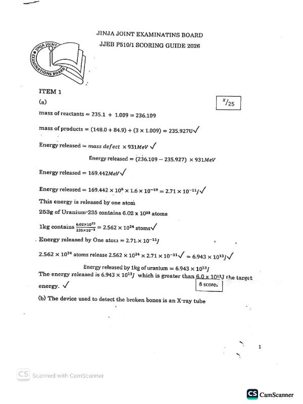 UACE Physics Paper 1 JJEB Joint Mock Scoring Guide 2026