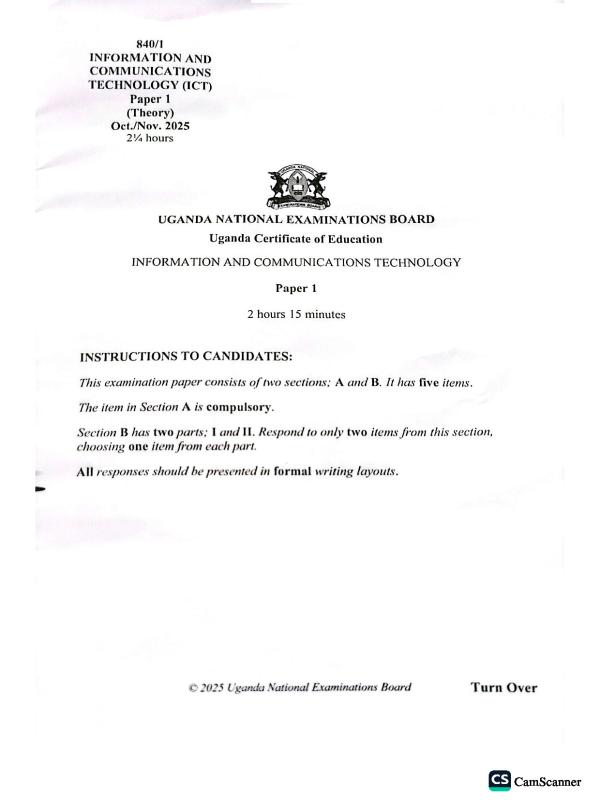 UCE UNEB ICT Past Paper - Secondary School Exam Revision