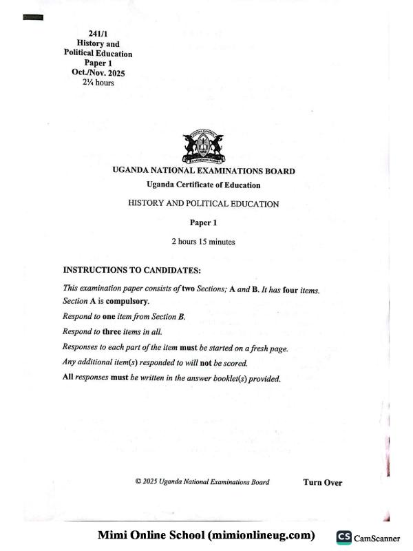 UCE UNEB History Past Paper 2025