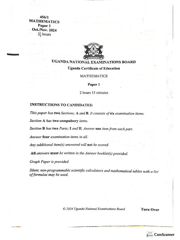 UNEB UCE Mathematics Past Paper 2024