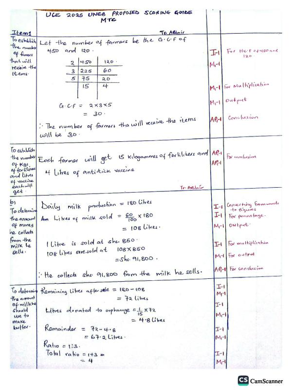 UNEB UCE Mathematics Proposed Scoring Guide 2025