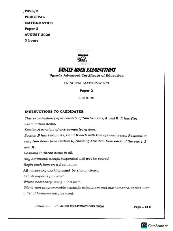 UNNASE UACE Mathematics Paper 2 Mock Exam 2026
